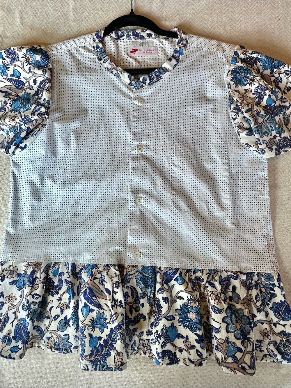 Upcycled Blue Floral-Trim Blouse with Button Front Blouse